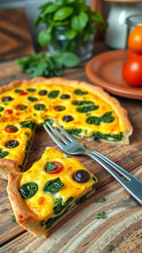 A golden-brown slice of quiche with spinach and bell peppers on a wooden table.